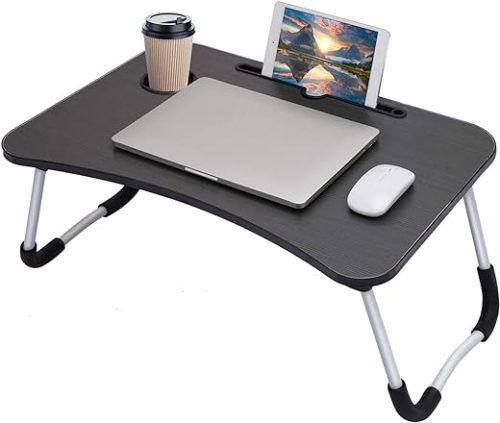 SKY-TOUCH Portable Folding Laptop Desk for Bed，With iPad and Cup Holder Adjustable Lap Tray Notebook Stand, Foldable Non-Slip Legs, 60x40x28cm, Black